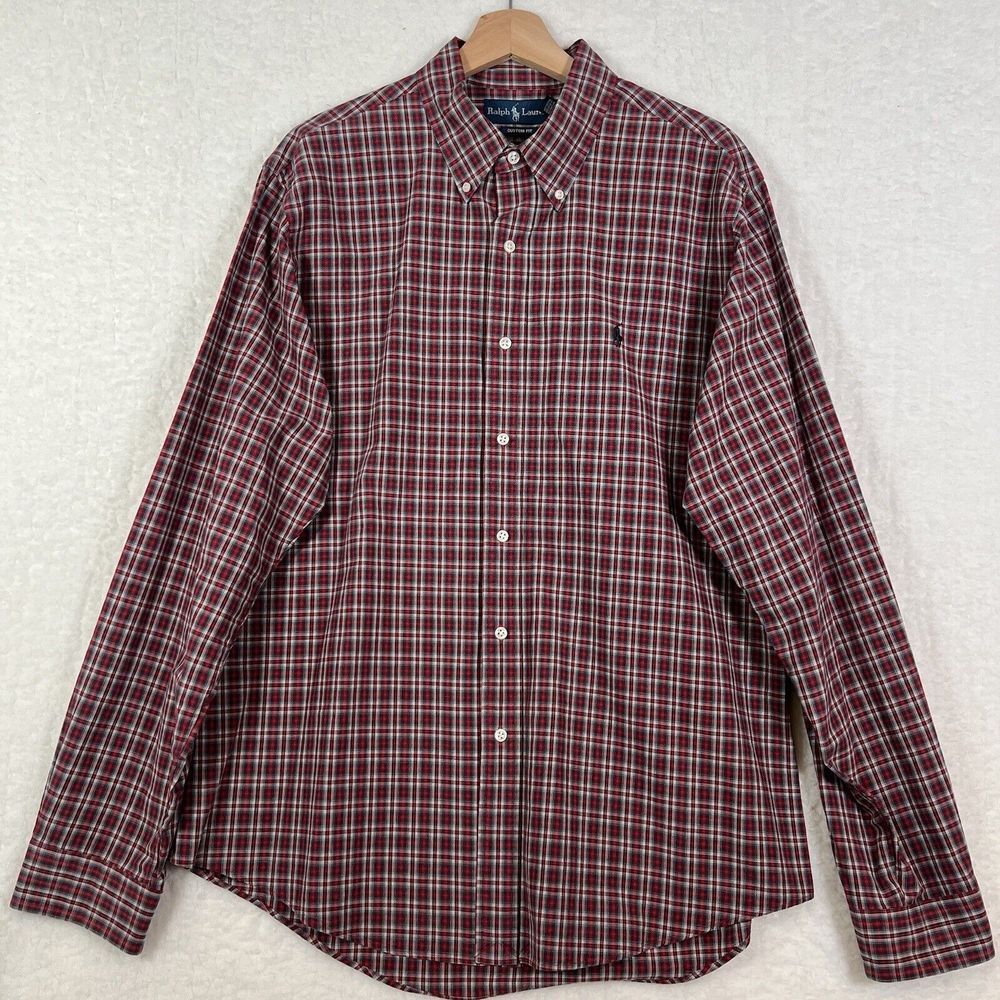 Ralph Lauren Men's Custom Fit Red Long Sleeve Button‎ Down Plaid Shirt Size XL